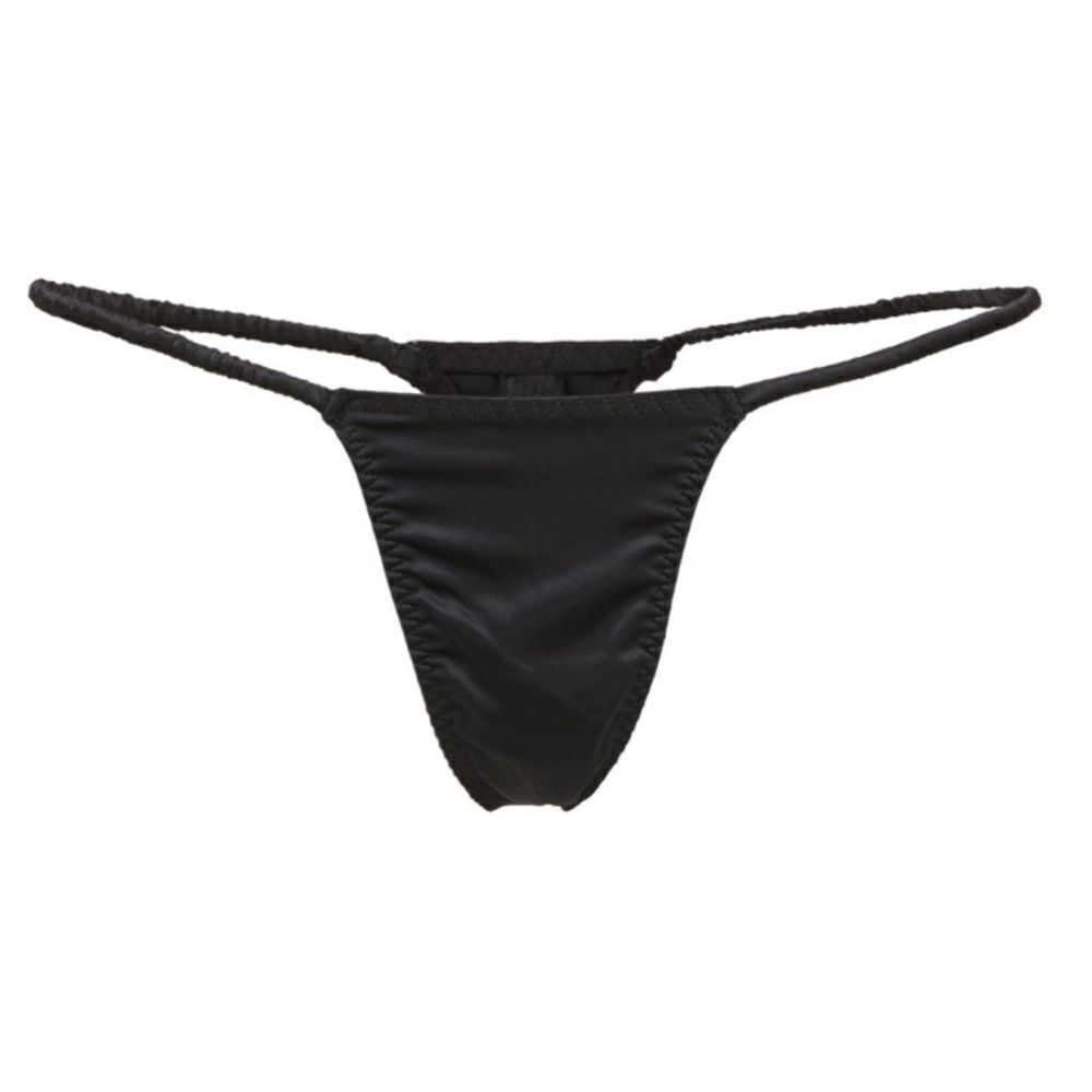 NWT SKIMS Woven Shine Stretch Satin Sexy Thin String Onyx Black Thong Panty